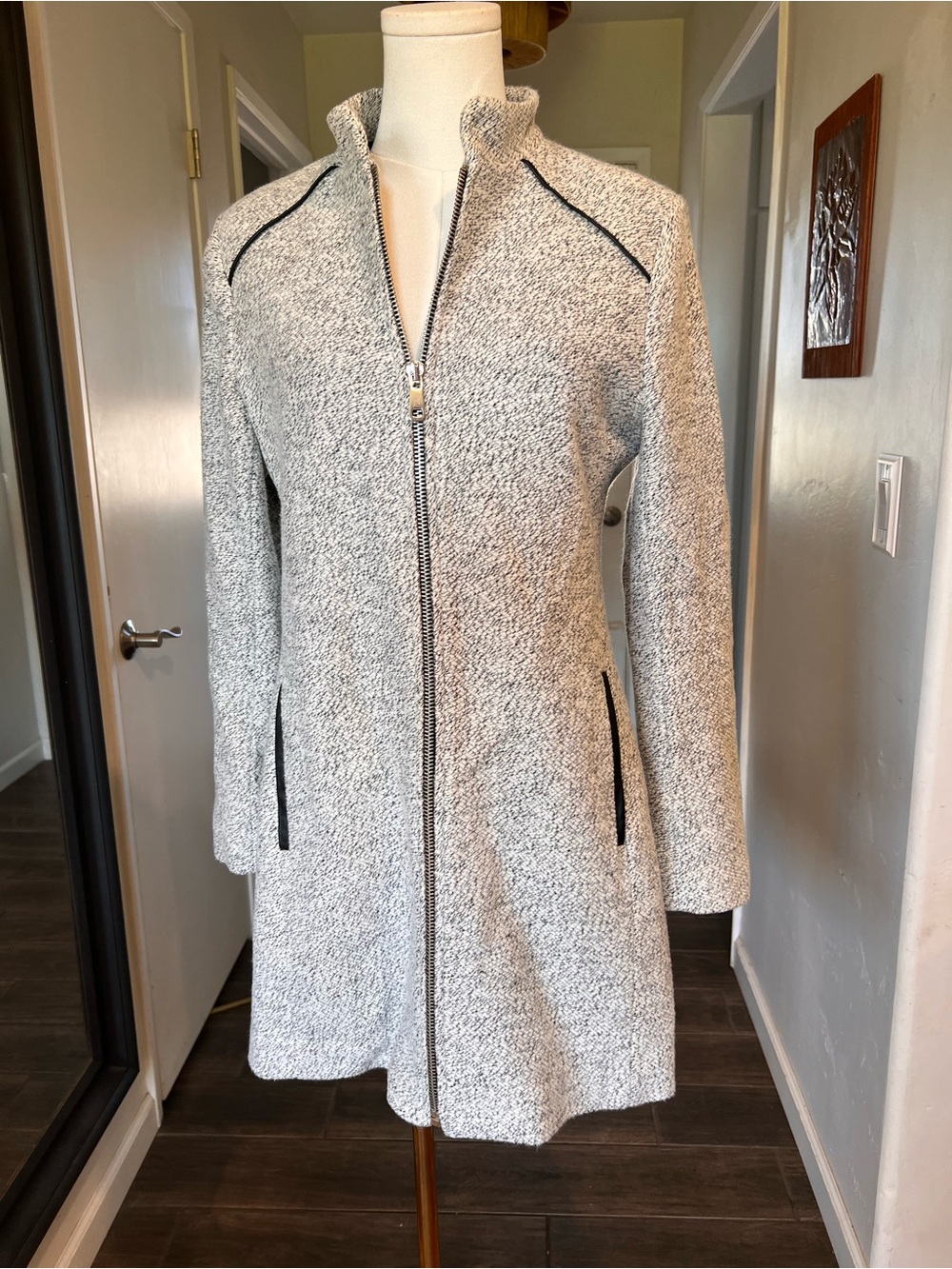 Stradivarius Cotton Blend Light Gray Zip-Front Long Trench Coat with Black Trim